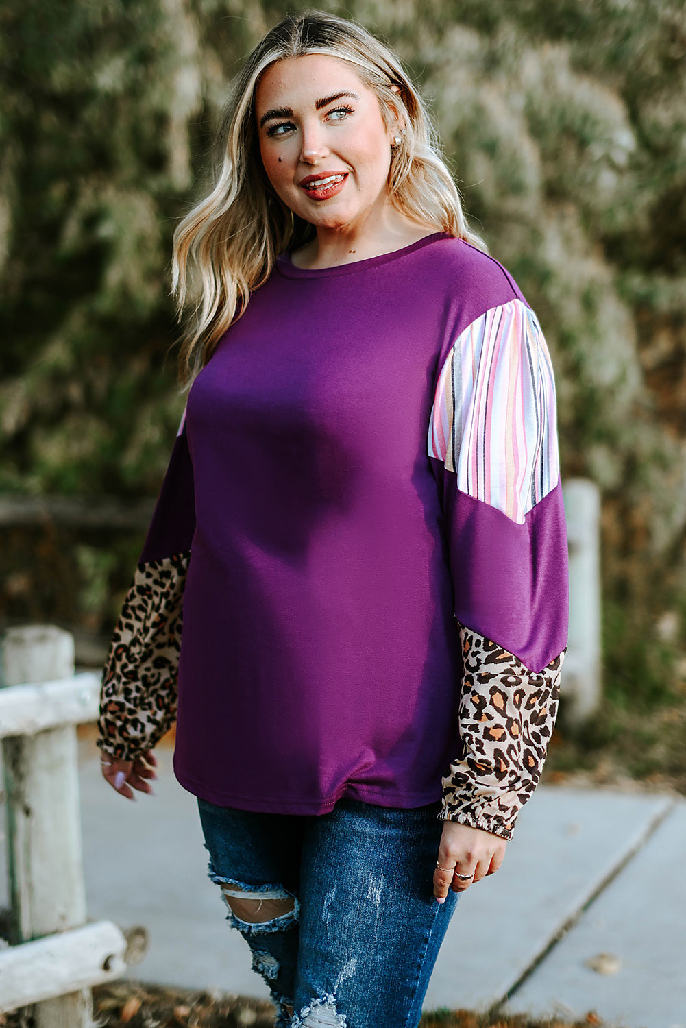 Purple Leopard Striped Color Block Plus Size Top