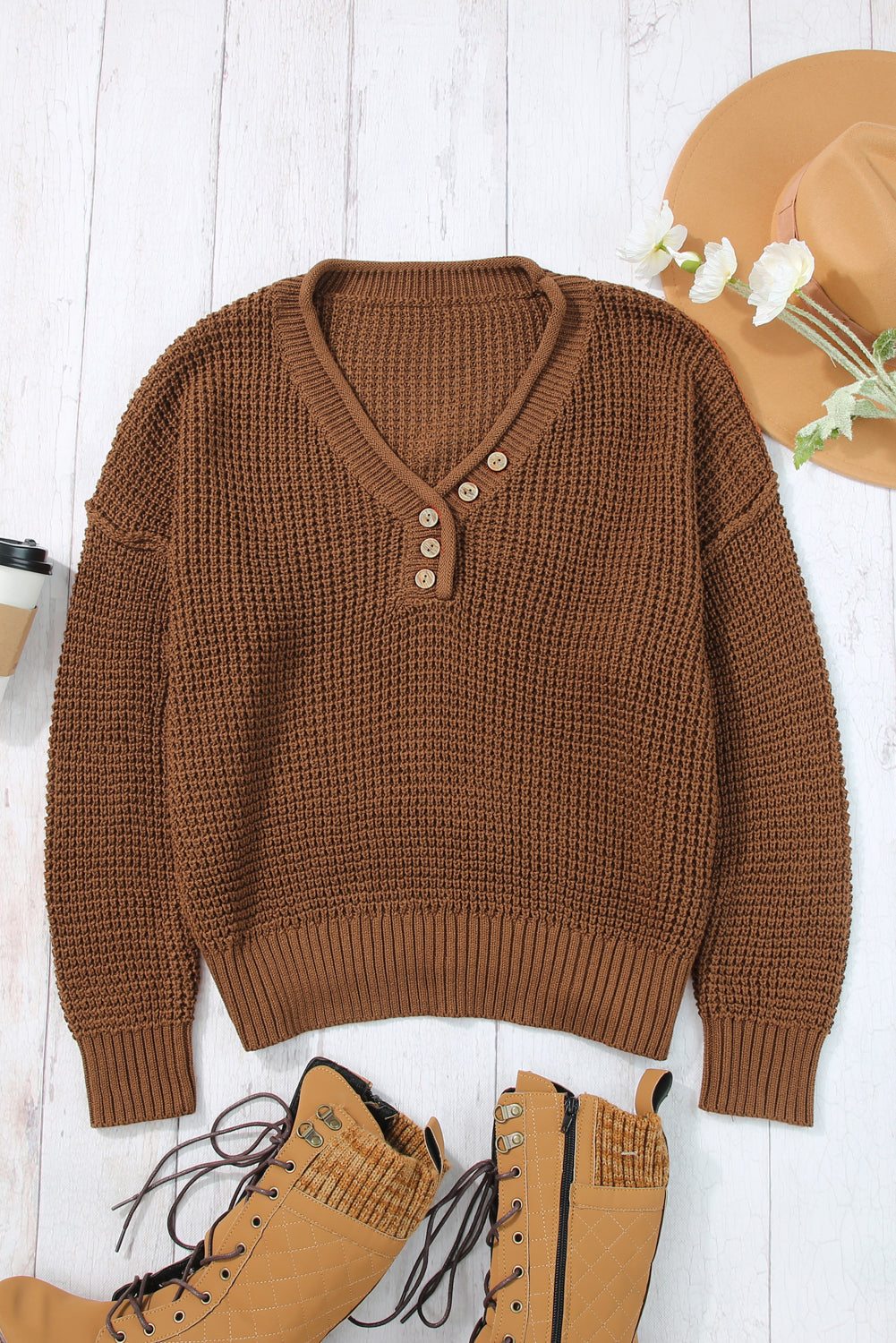 Coffee Pointelle Knit Button V Neck Drop Shoulder Sweater