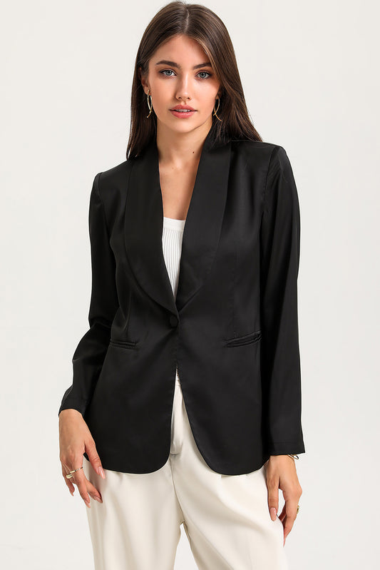 Black Collared Neck Single Breasted Blazer with Pockets