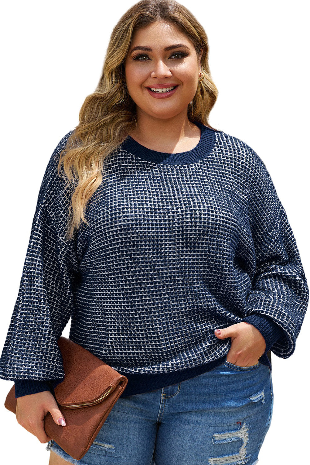 Blue Heathered Knit Plus Size Drop Shoulder Sweater