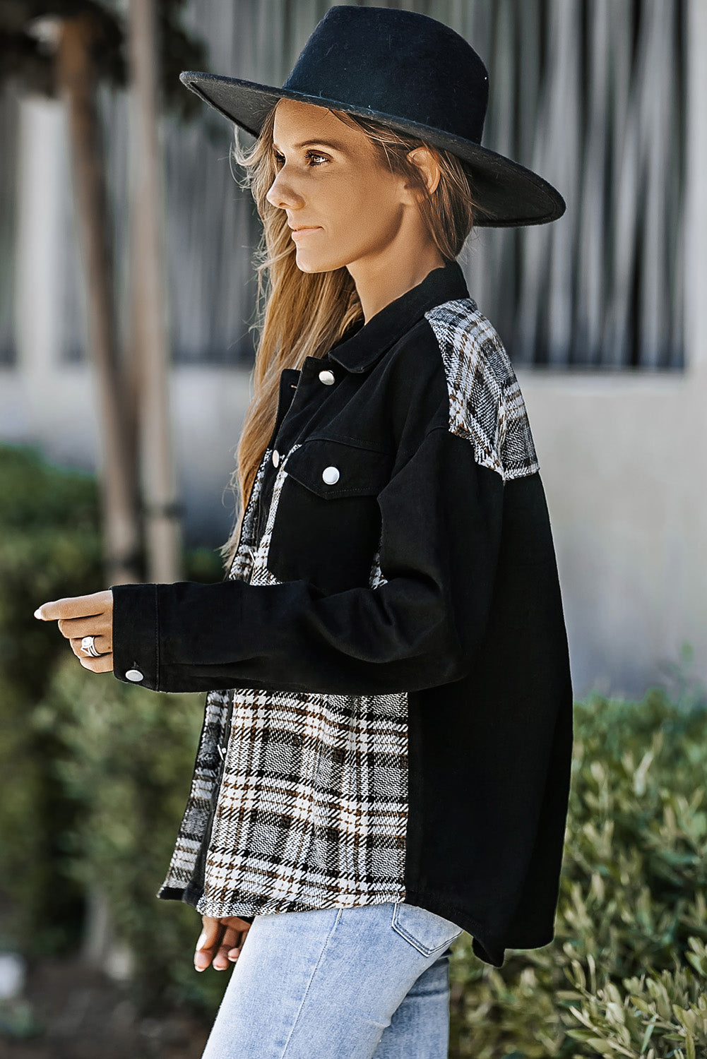 Black Plaid Patchwork Raw Hem Denim Jacket