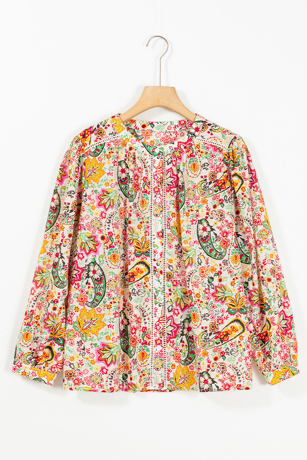 Multicolour Floral Print Lace Splicing Button up Puff Sleeve Shirt