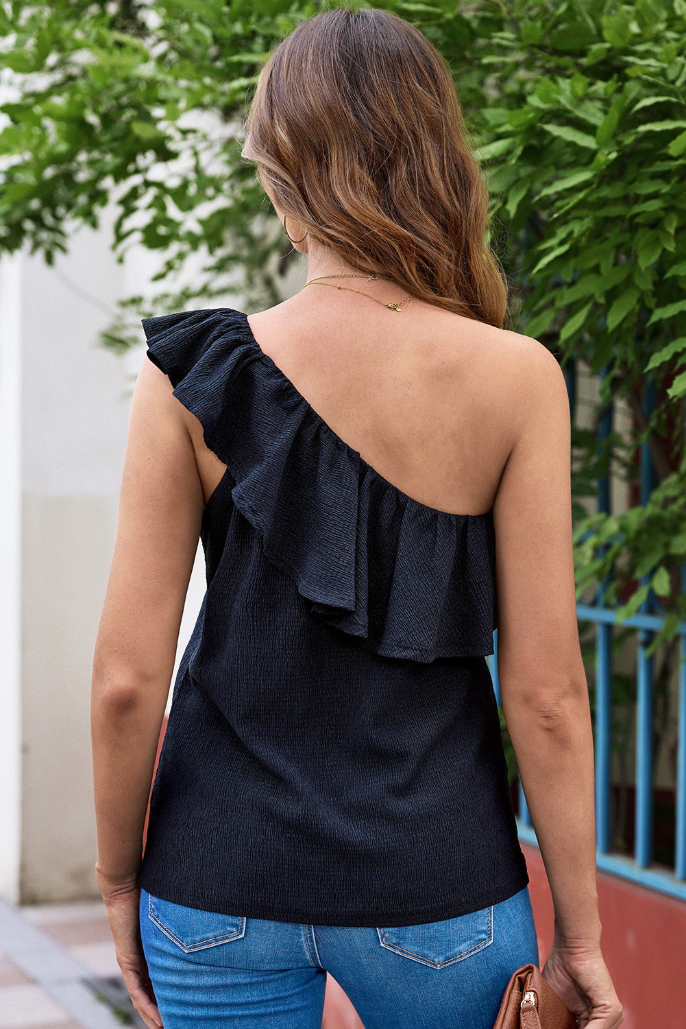 Black Ruffle One Shoulder Crinkle Tank