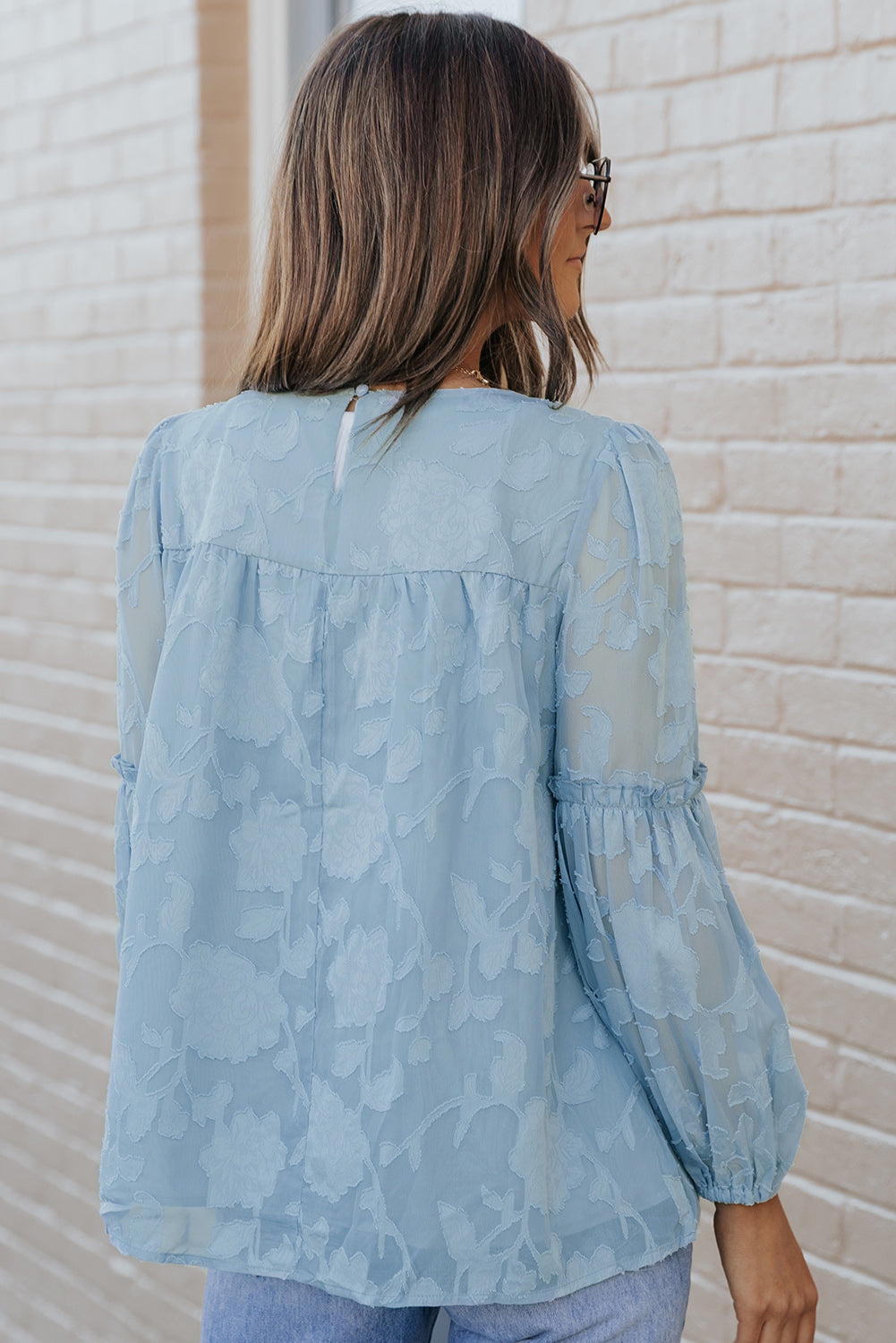 Blue Textured Ruffle Lantern Sleeve Babydoll Blouse