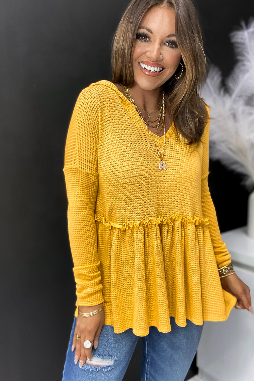 Yellow V Neck Drop Shoulder Hooded Flowy Top with Frill