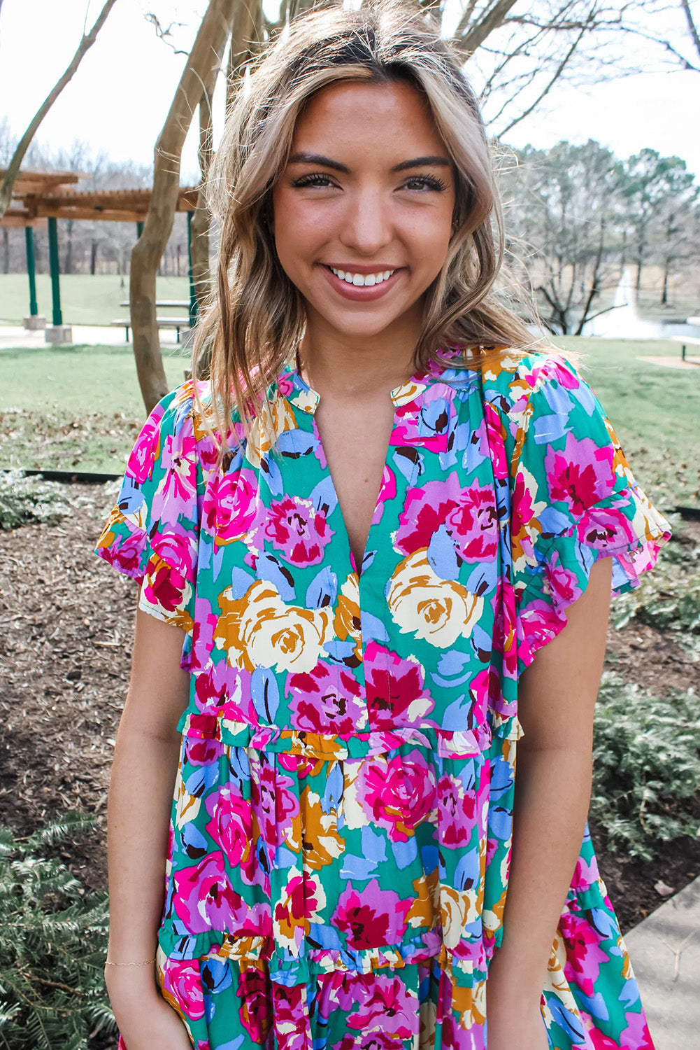 Green Rose Floral Print Ruffled Short Dress