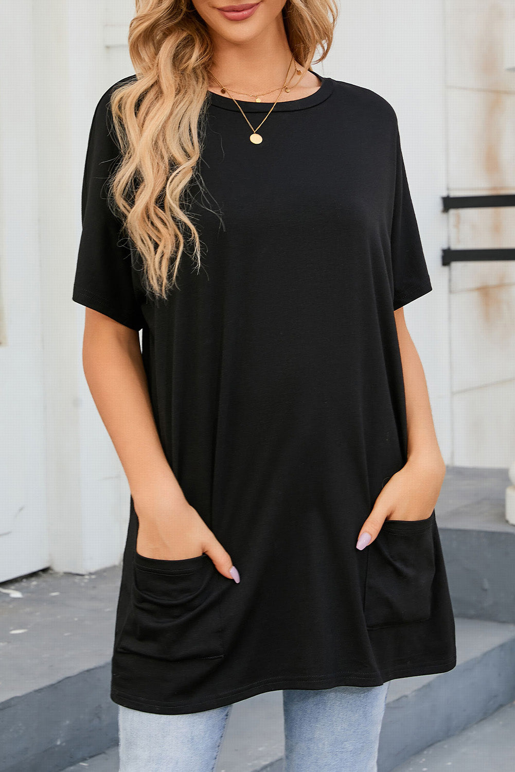 Black Side Pockets Short Sleeve Tunic Top