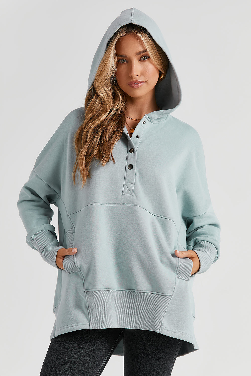 Gray Batwing Sleeve Pocketed Henley Hoodie