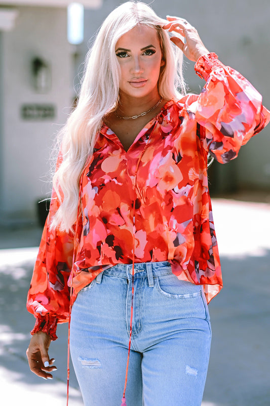 Fiery Red Floral Print Split Neck Tassel Tie Blouse