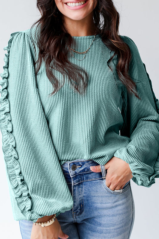 Moonlight Jade Ruffled Sleeve Corded Textured Blouse