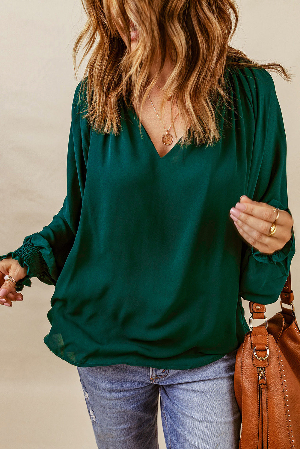 Green Pleated V Neck Puffy Sleeve Blouse