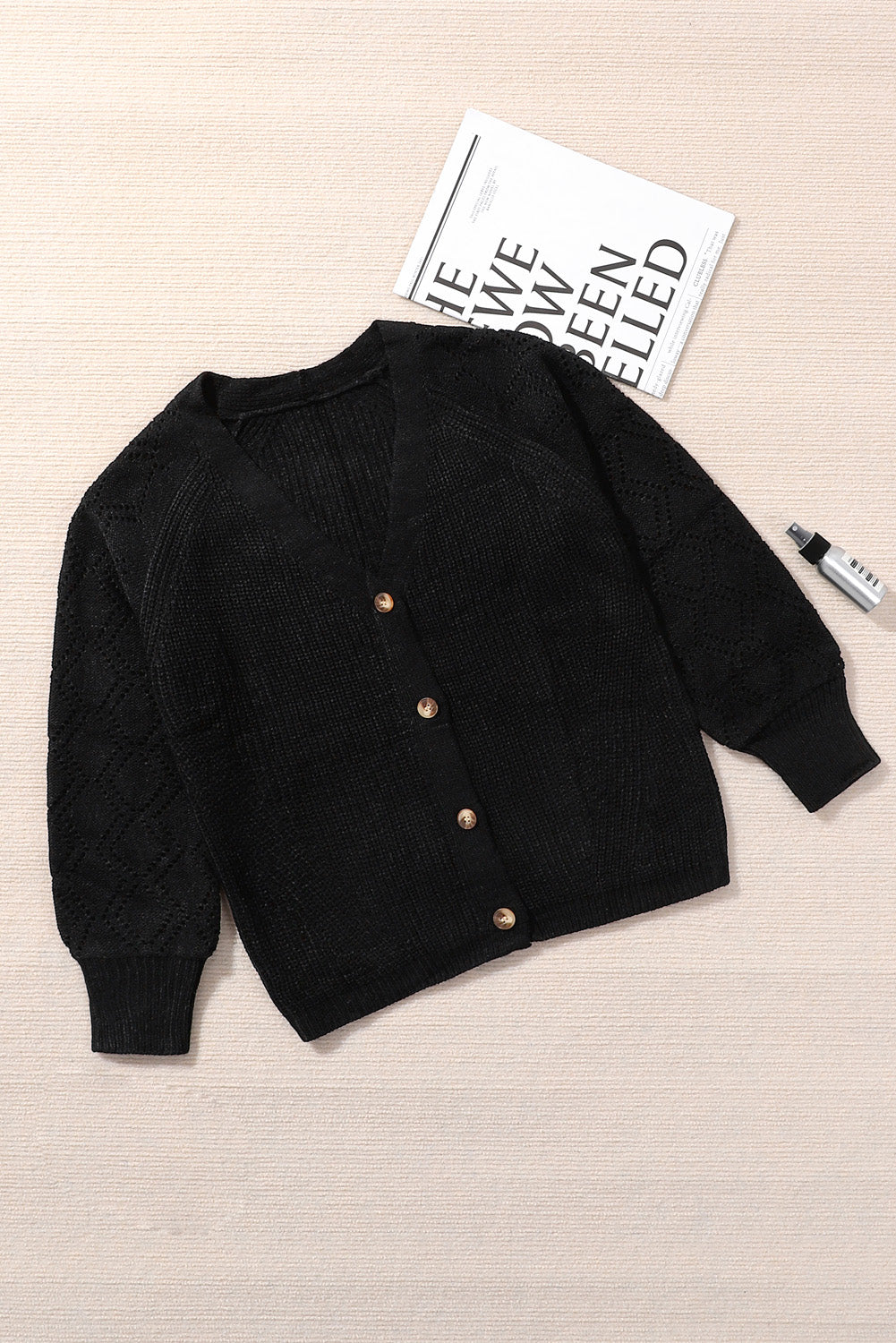 Black Bishop Sleeve Button V Neck Sweater