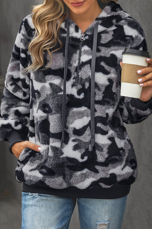 Gray Camo Print Warm Furry Pullover Hoodie