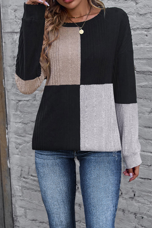 Black Colorblock Textured Knit Top