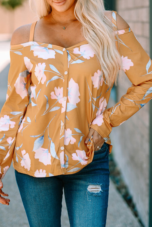 Yellow Cold Shoulder Long Sleeve Floral Top