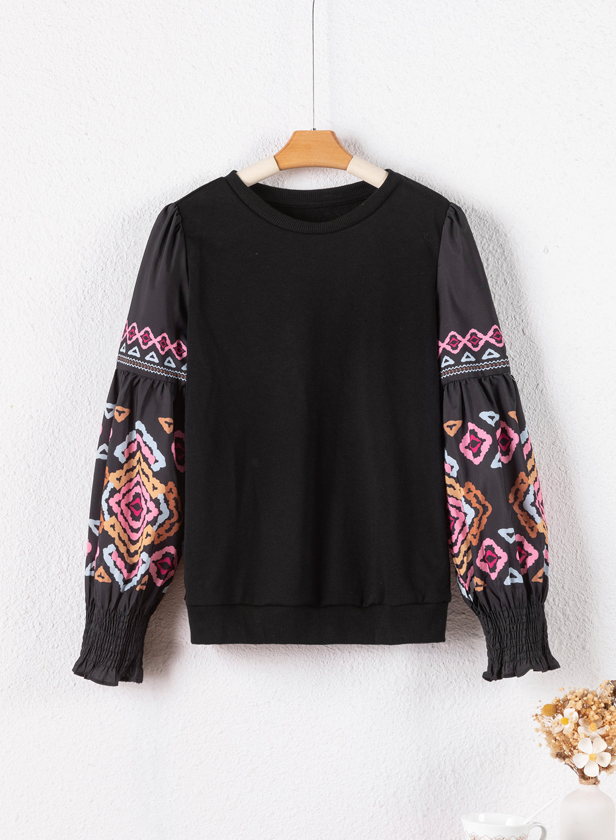 Black Printed Balloon Sleeve Crew Neck Blouse