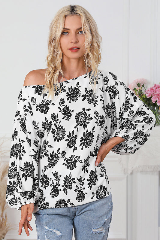 White Floral Print Cold Shoulder Loose Fit Blouse