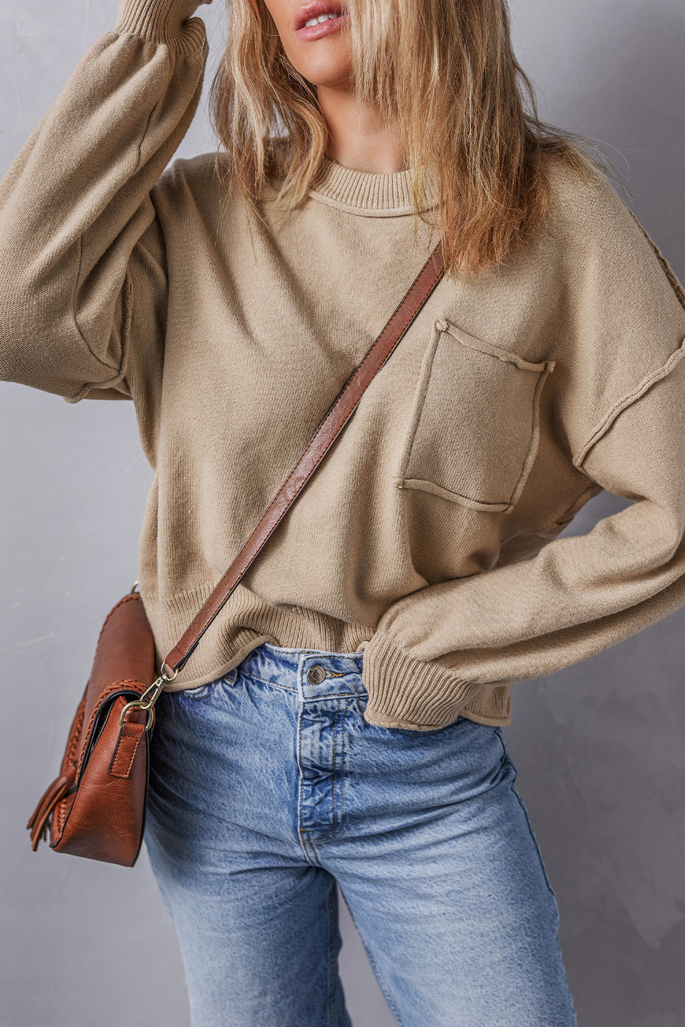 Apricot Raw Edge Patch Pocket Exposed Seam Loose Sweater