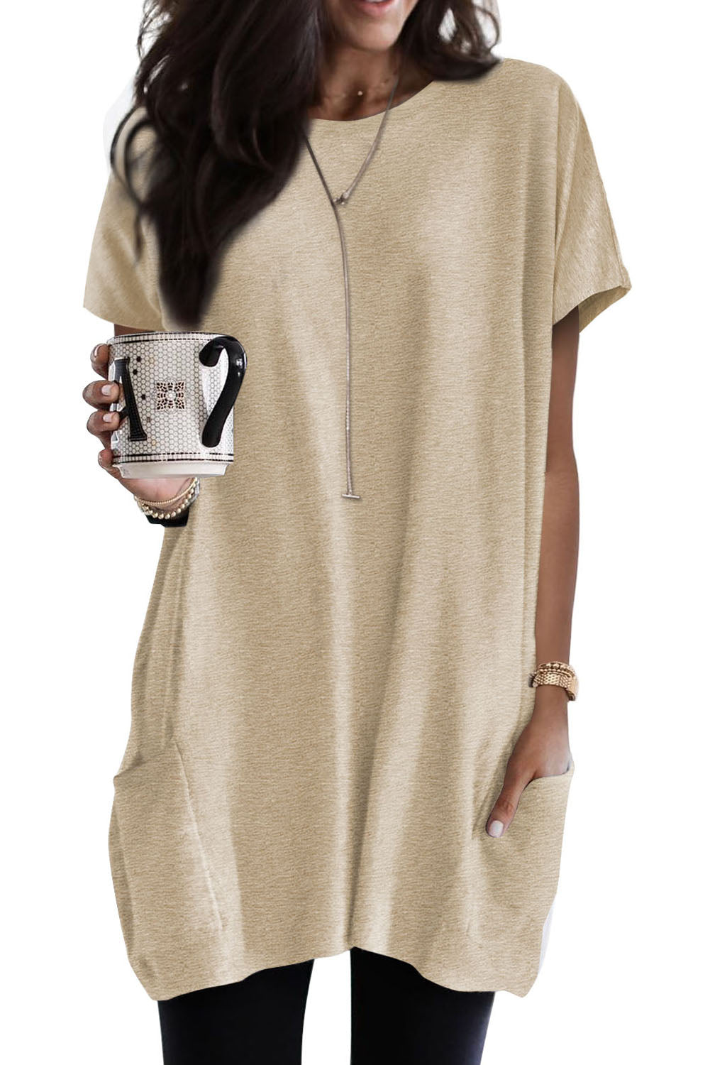 Khaki Side Pockets Short Sleeve Tunic Top