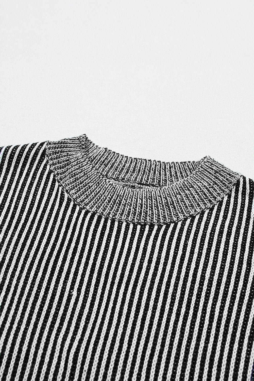 Black Striped Print Ribbed Trim Round Neck Sweater