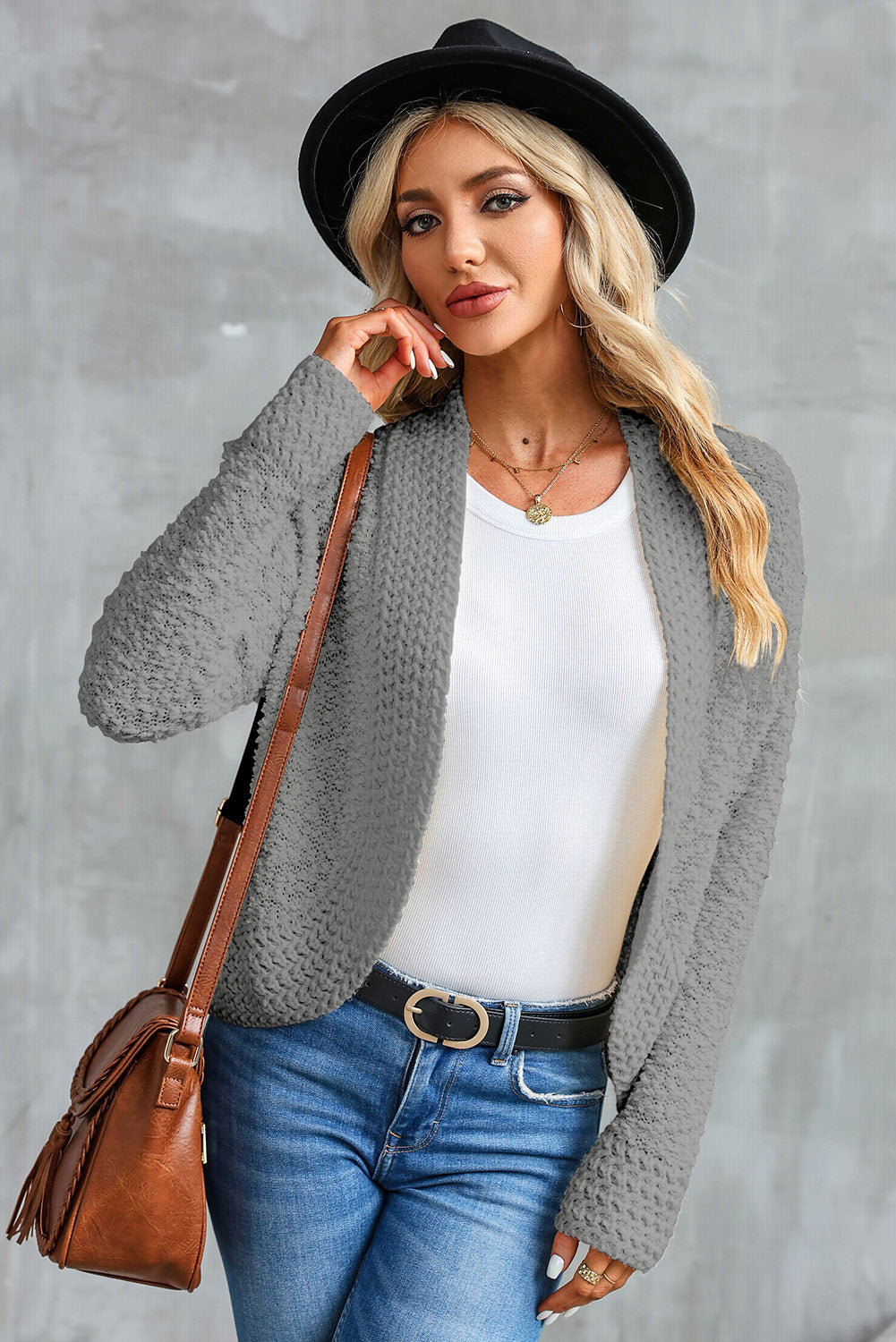 Gray Popcorn Knit Open Front Cardigan