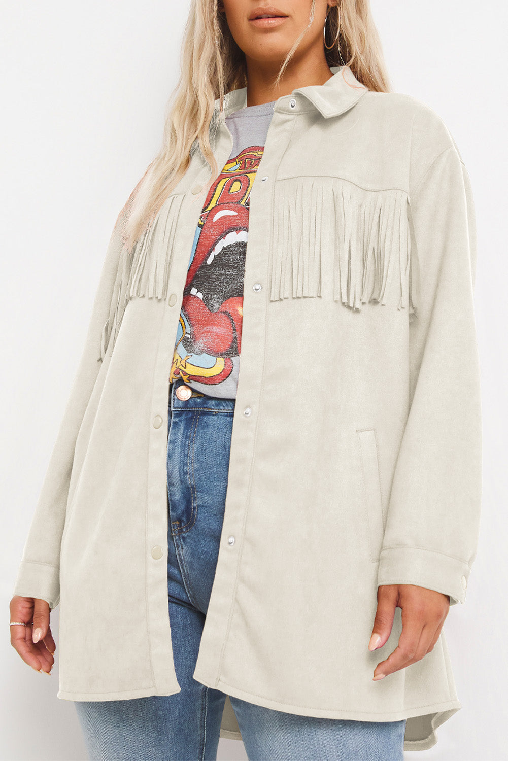 White Fringe Trim Plus Size Suede Shacket