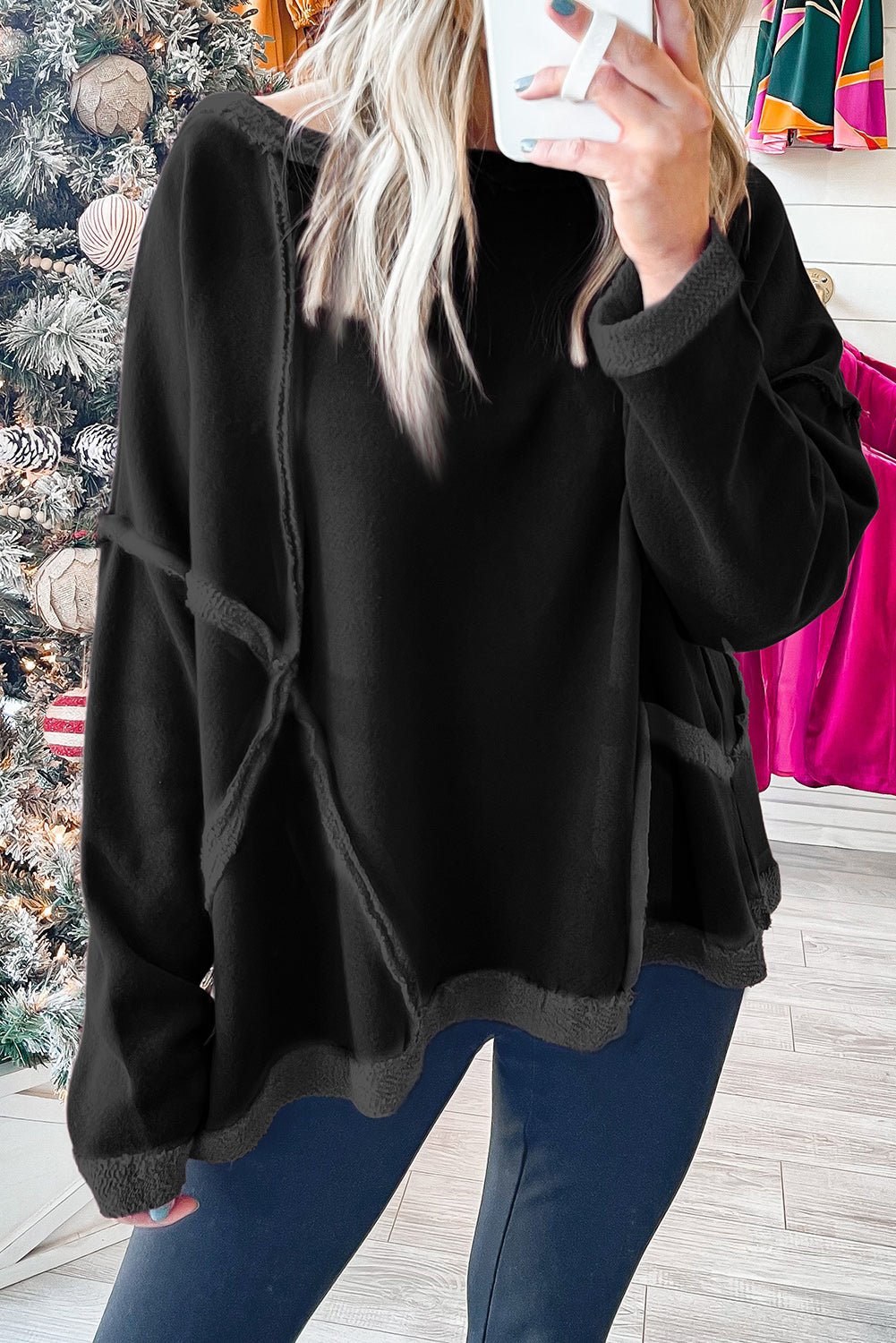 Black Exposed Seam Drop Shoulder Raw Hem Oversized Sweatshirt