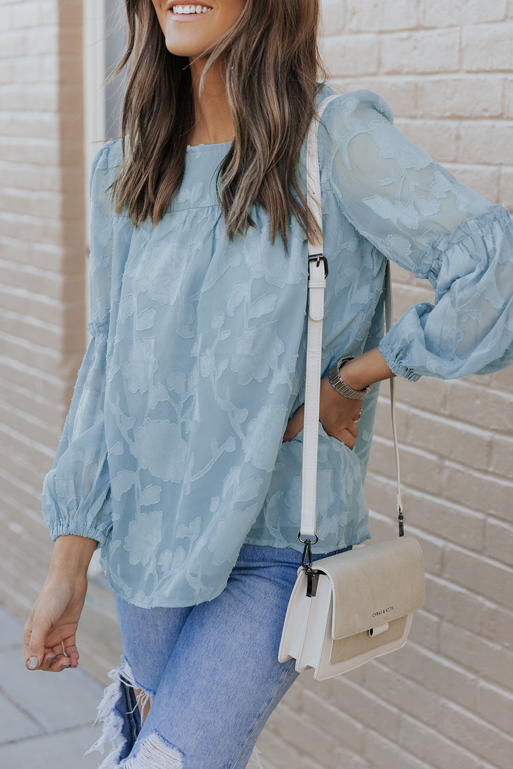 Blue Textured Ruffle Lantern Sleeve Babydoll Blouse