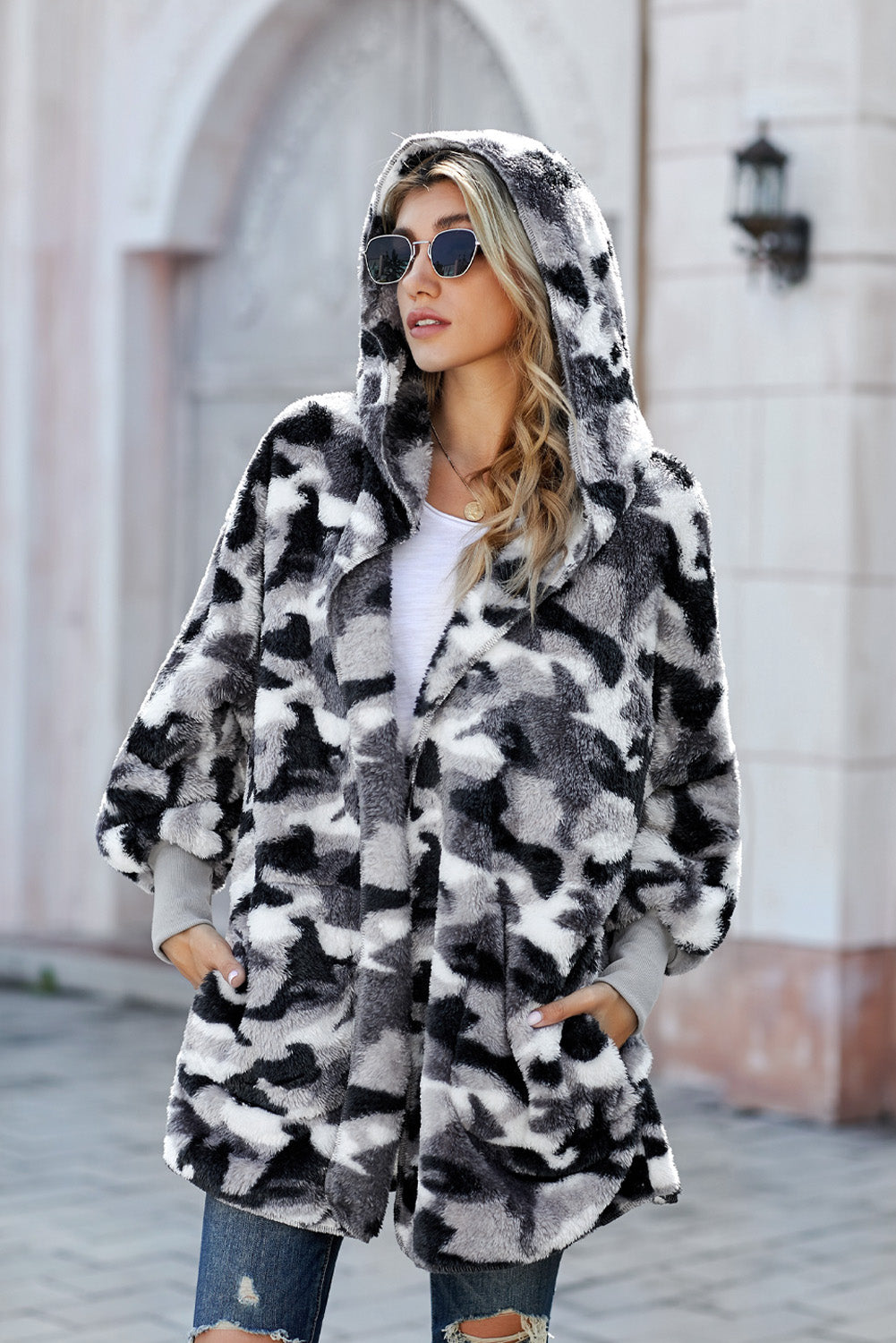 Gray Camo Print Soft Fleece Hooded Open Front Coat