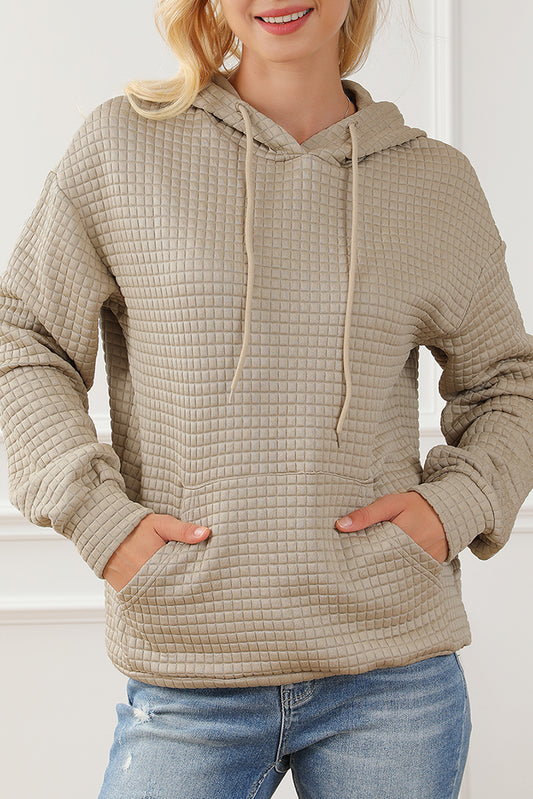 Khaki Quilted Kangaroo Pocket Drawstring Hoodie