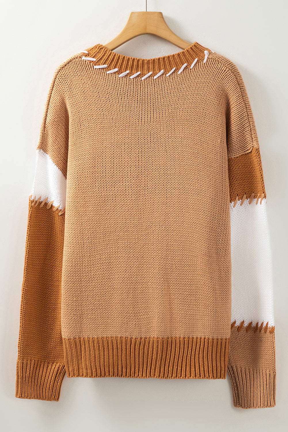 Light French Beige Color Block Contrast Stitch Oversized Sweater