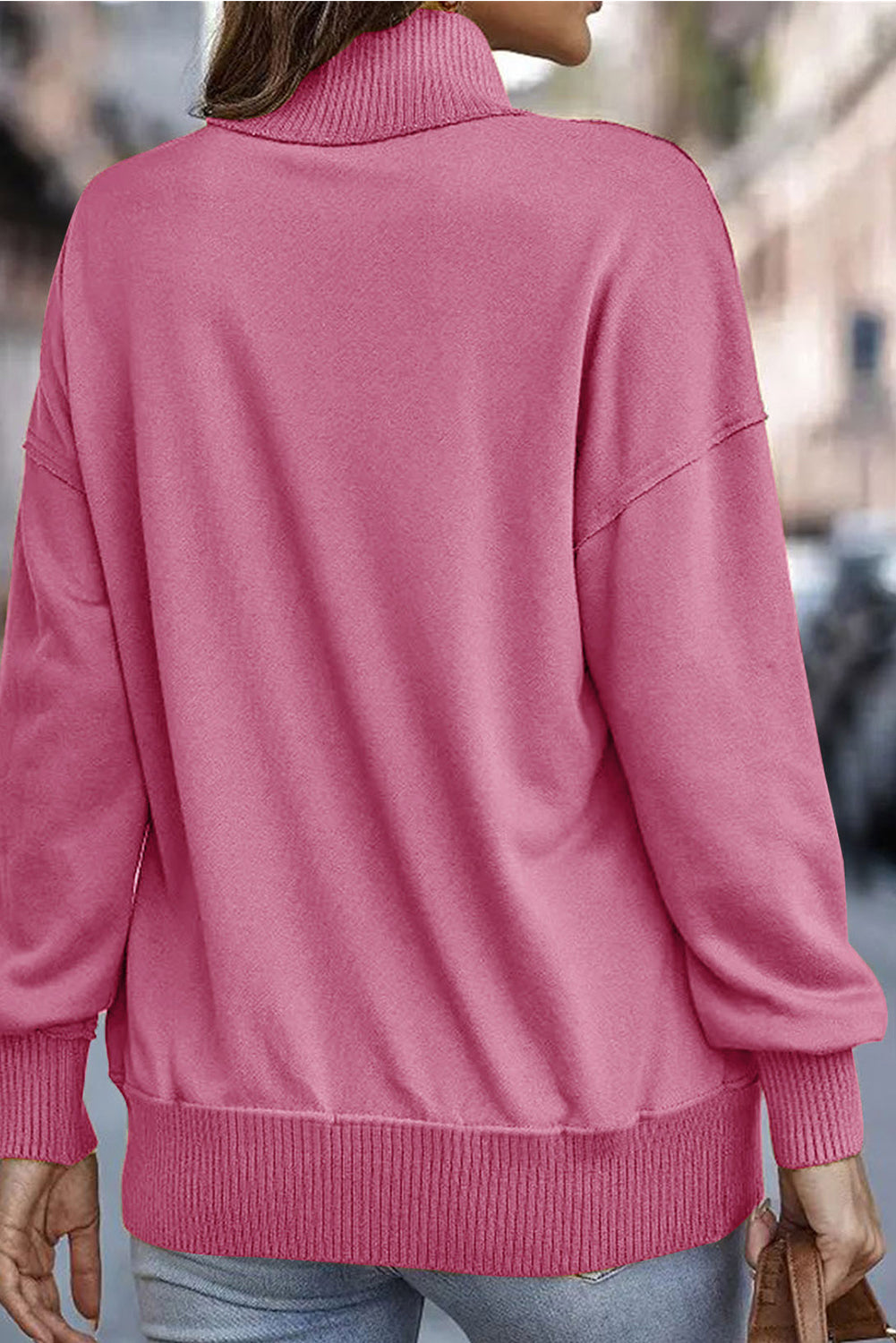 Bright Pink Ribbed Hem Snap Button Neckline Sweatshirt with Pocket