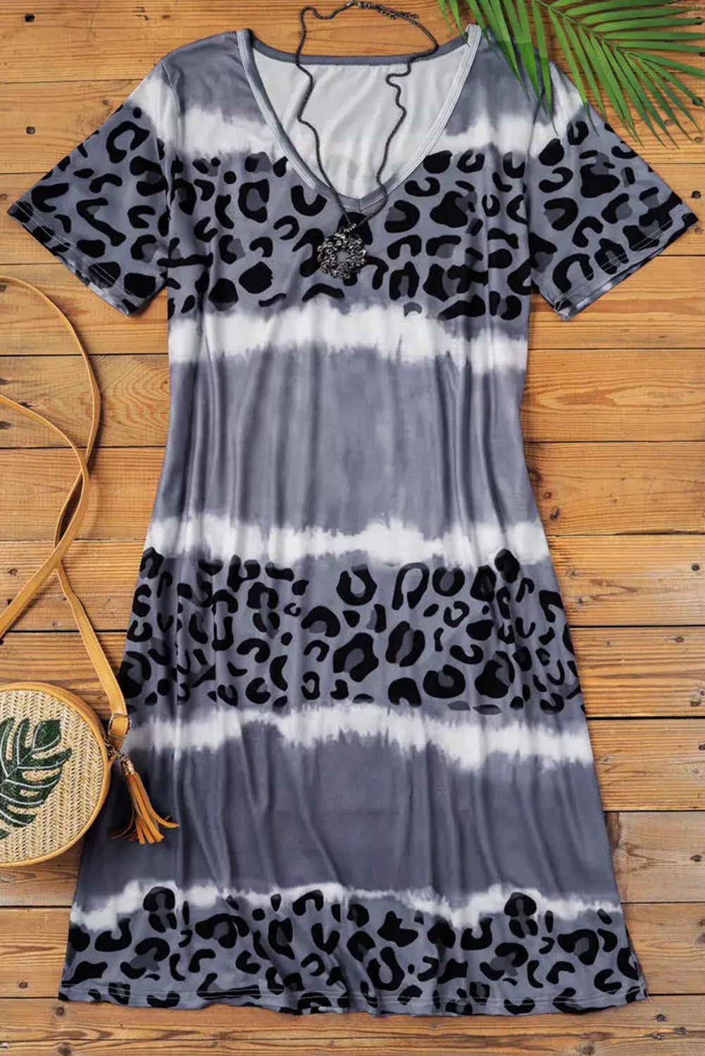 Gray Leopard Color Block V-Neck T-shirt Dress