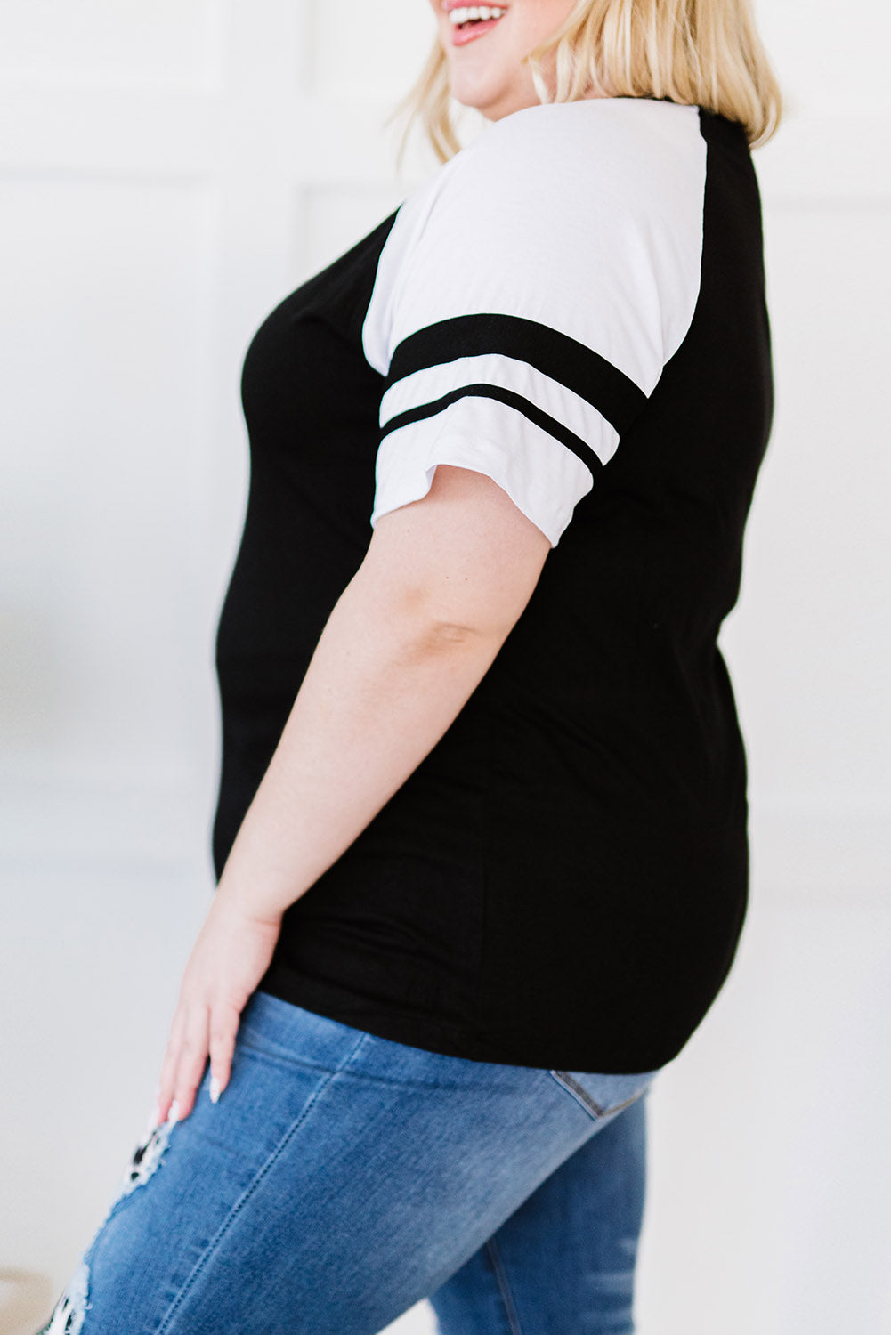 Black Crisscross V Neck Raglan Sleeve Plus Size Tee