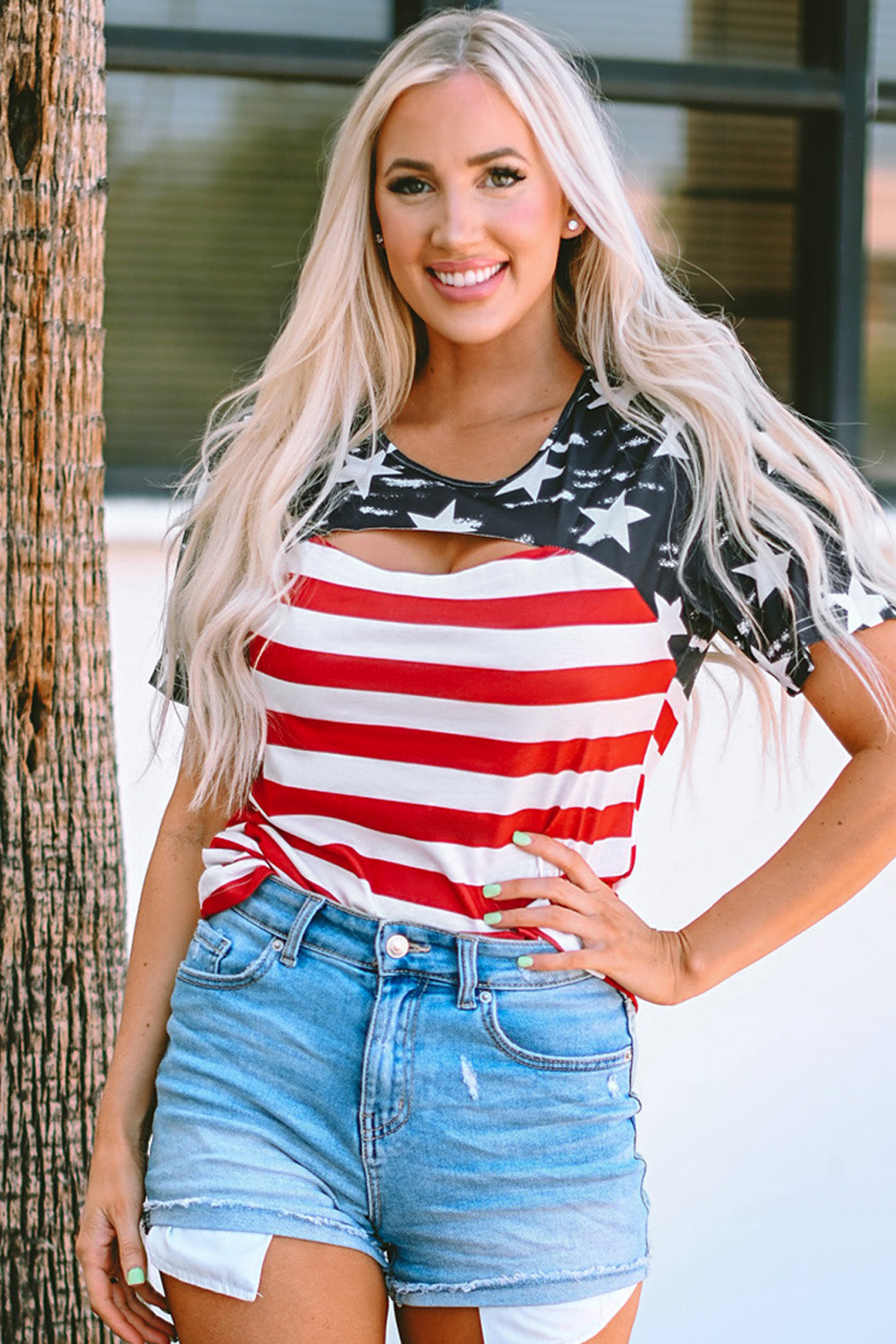 Black Contrast American Flag Cutout T-Shirt