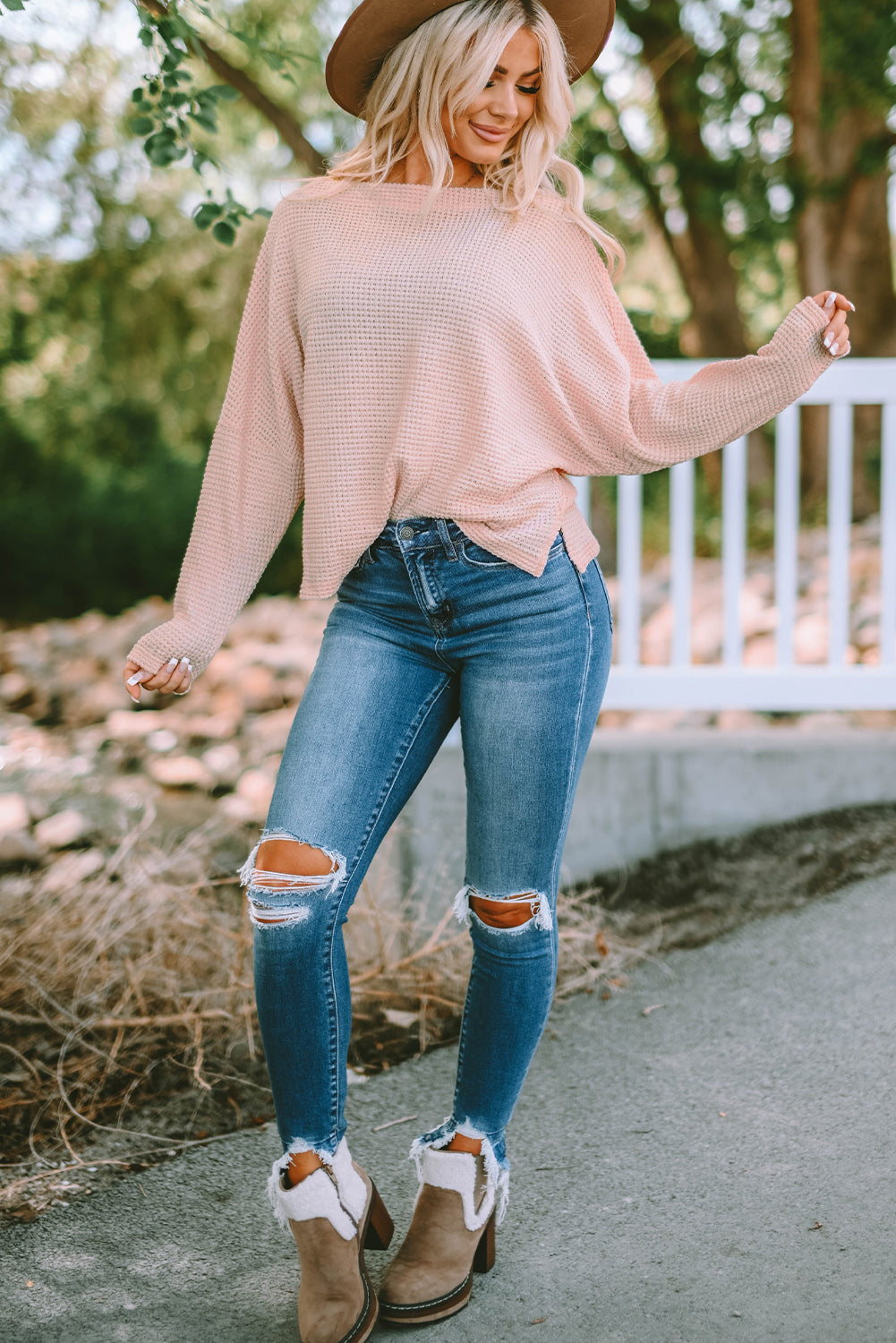 Pink Waffle Knit Eyelet Long Sleeve Blouse