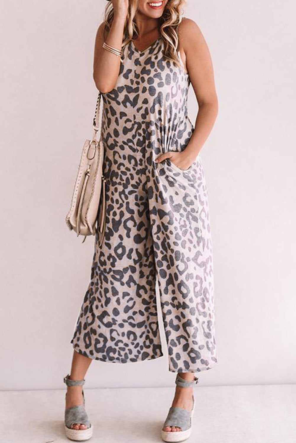 Leopard Print Pockets Wide Leg Sleeveless Jumpsuit