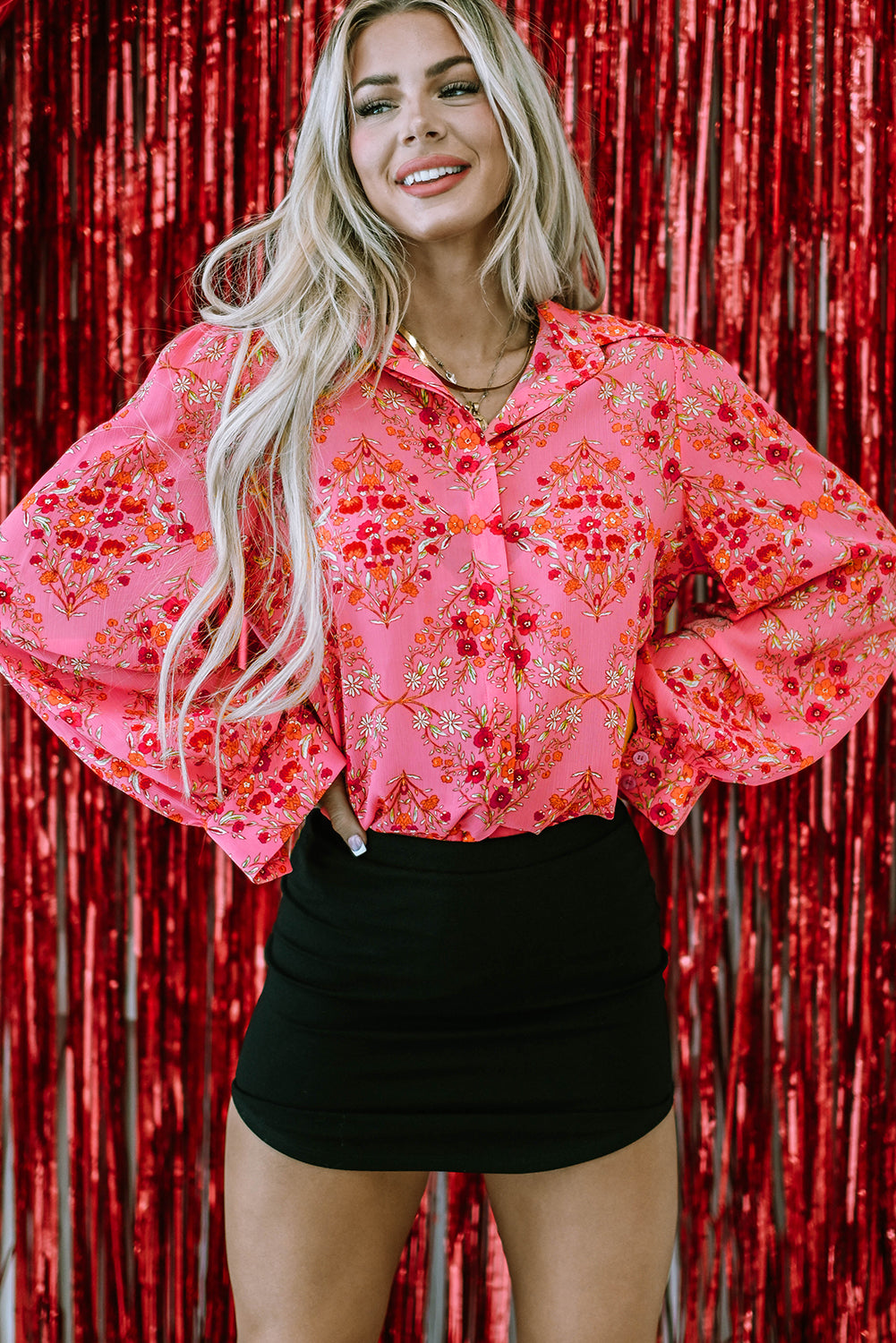 Strawberry Pink Aesthetic Floral Puff Sleeve Shirt