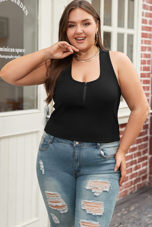 Black Plus Size Zipper Front Racerback Ribbed Tank Top