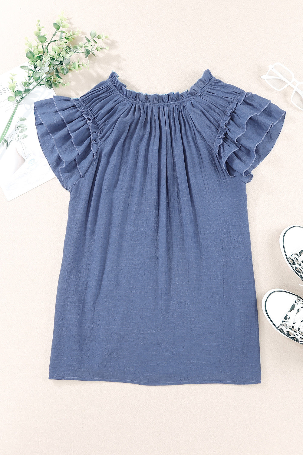 Blue Tiered Ruffled Drawstring V Neck Top