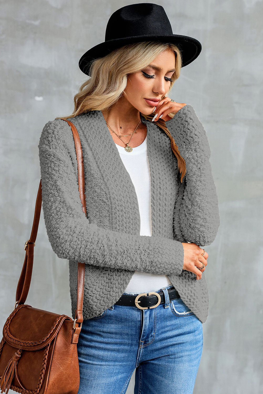 Gray Popcorn Knit Open Front Cardigan