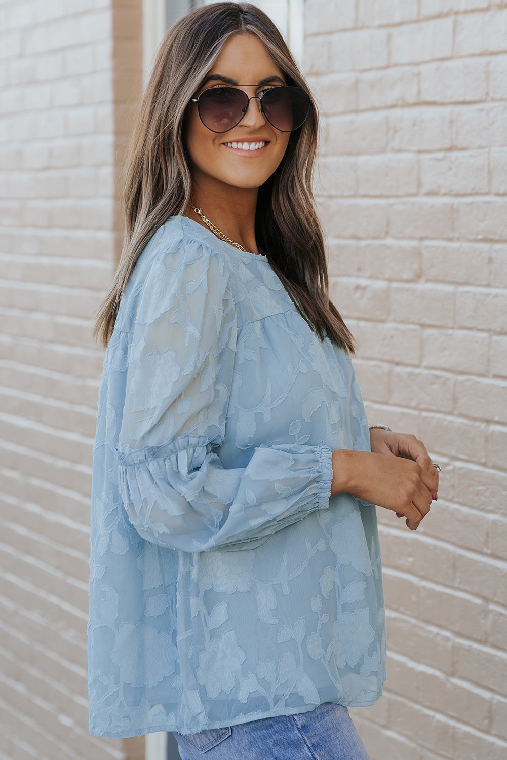 Blue Textured Ruffle Lantern Sleeve Babydoll Blouse