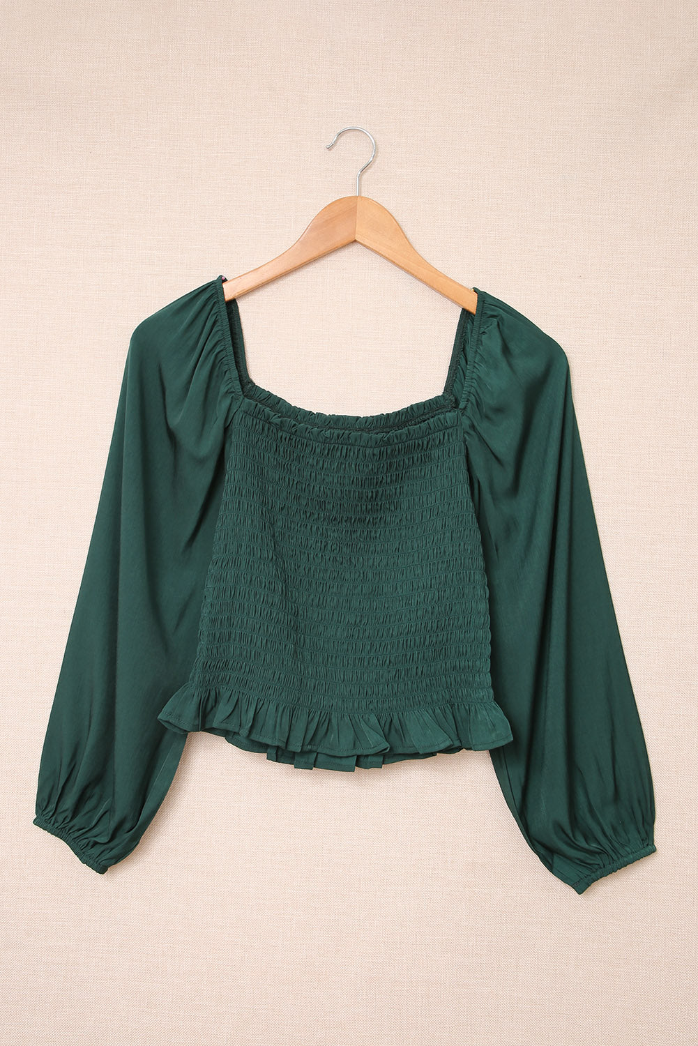 Green Puff Sleeve Smocked Top