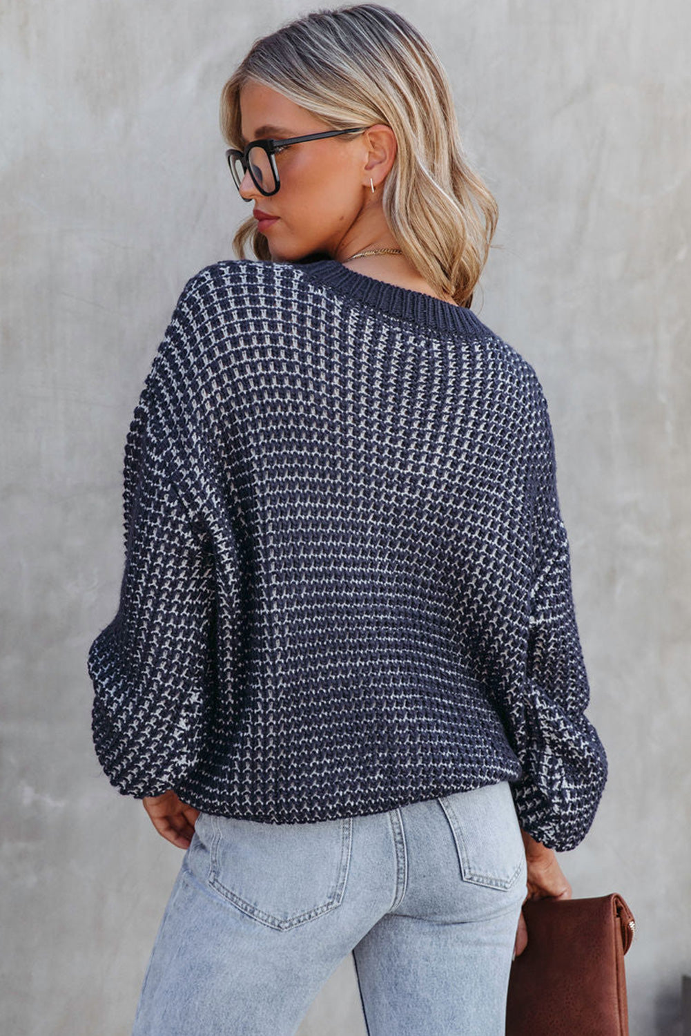 Black Heathered Knit Drop Shoulder Puff Sleeve Sweater