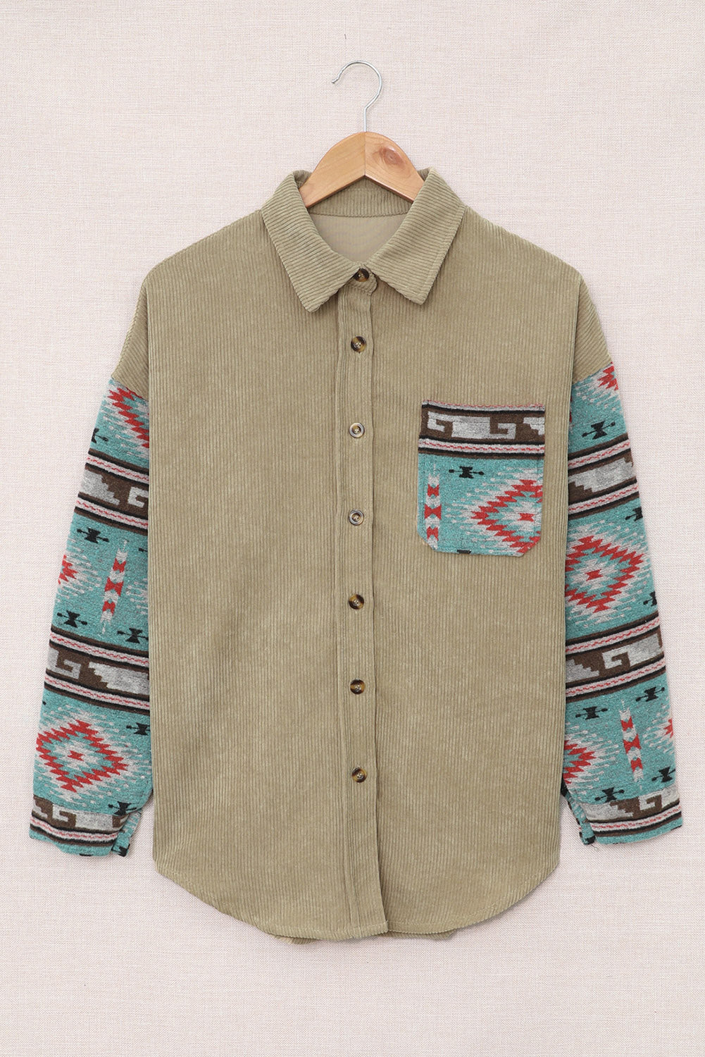 Khaki Aztec Pattern Sleeve Pocketed Corduroy Shacket