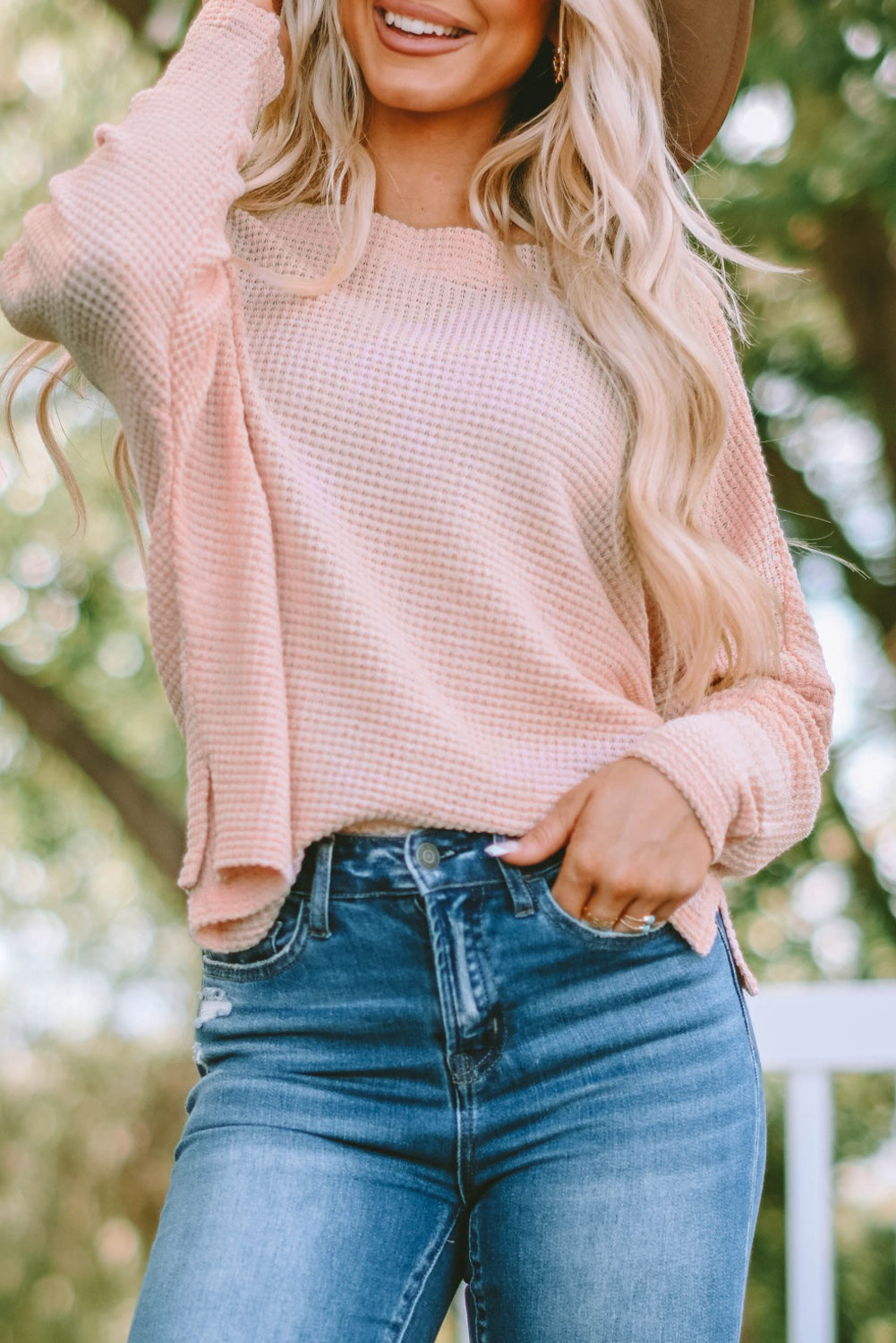 Pink Waffle Knit Eyelet Long Sleeve Blouse