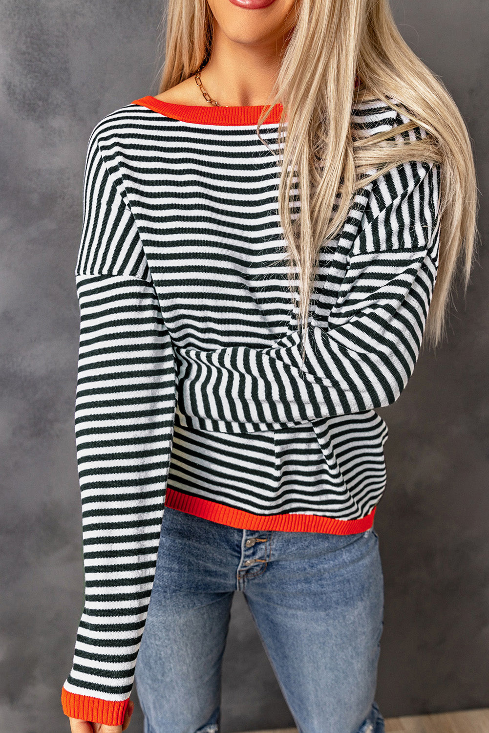 Black Contrast Trimmed Striped Drop Shoulder Sweater