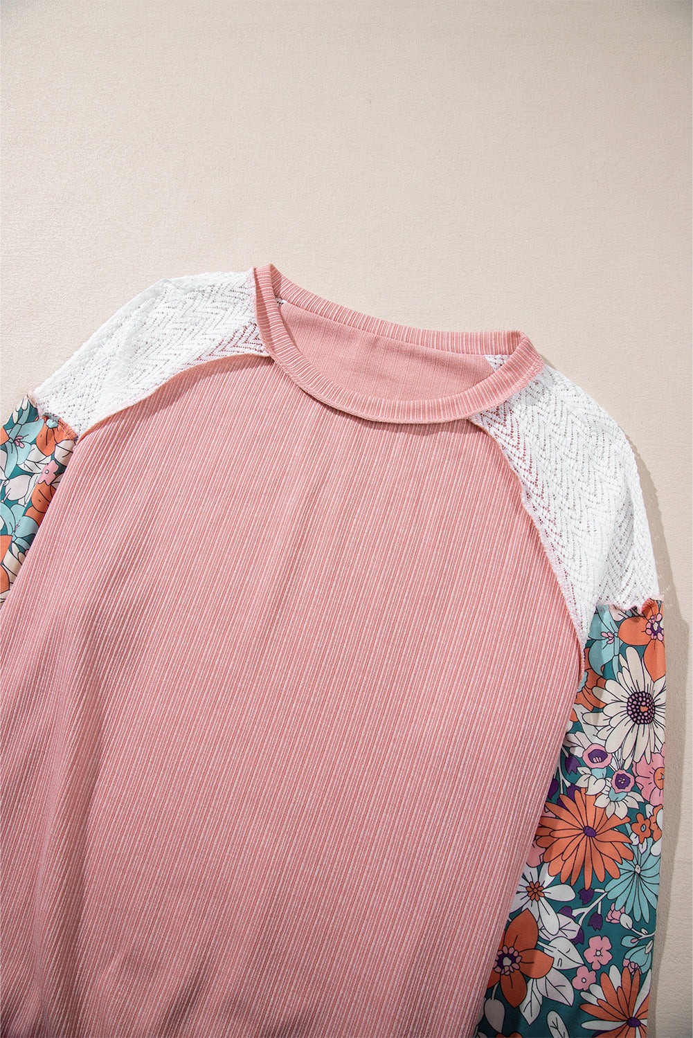 Rose Pink Floral Patchwork Puff Sleeve Textured Blouse