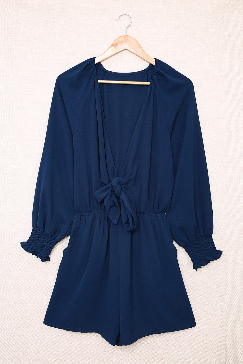 Navy Tie Knot Puff Long Sleeve Romper