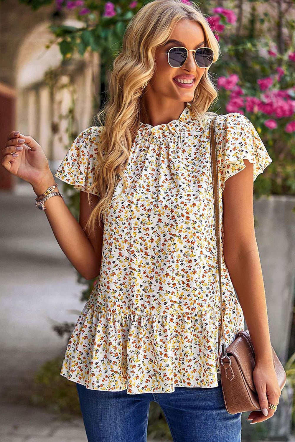 Beige Floral Frilled Collar Ruffled Short Sleeve Blouse